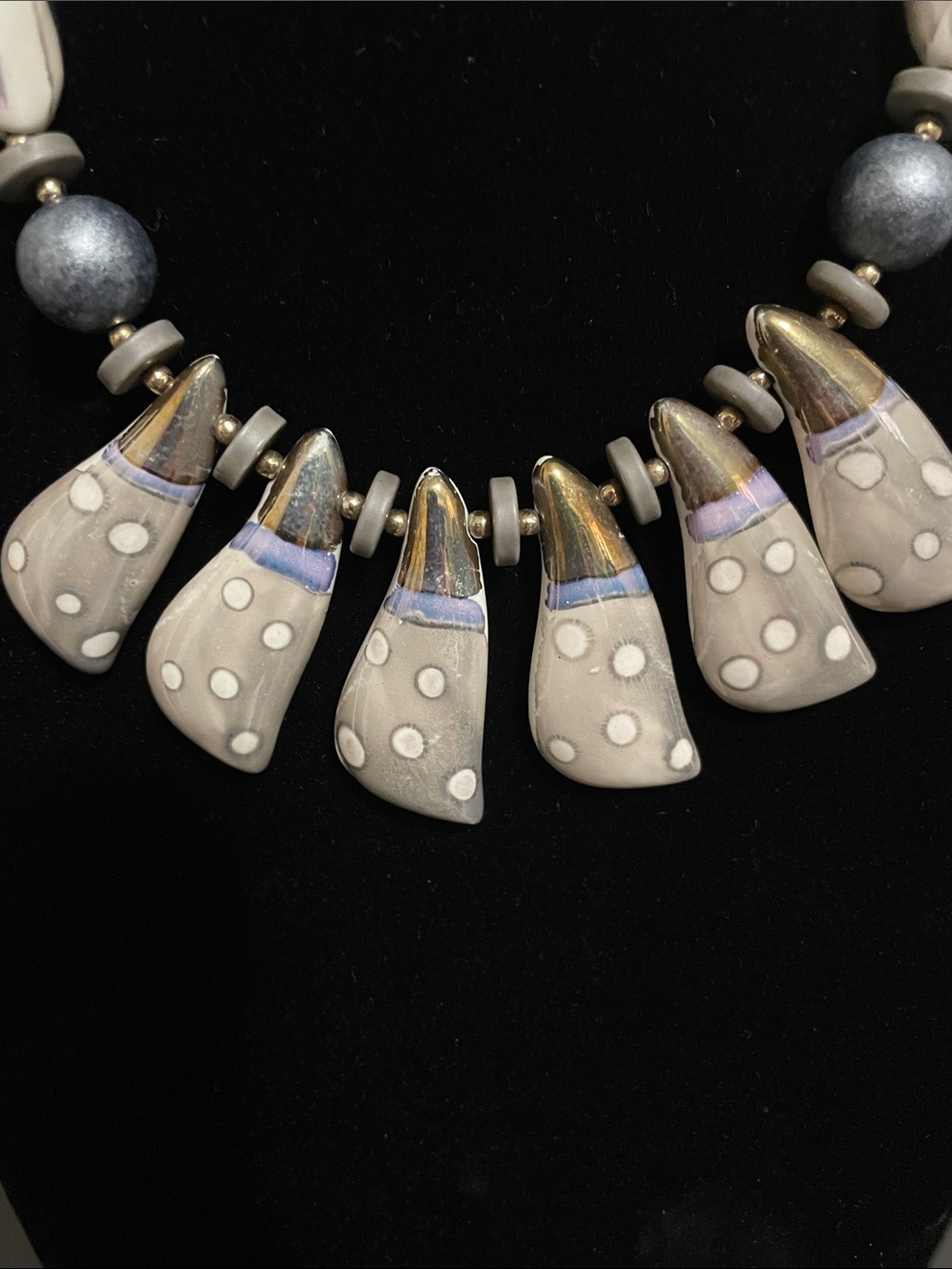 Vintage Grey/Blue/Cream Polka Dot Statement Necklace
